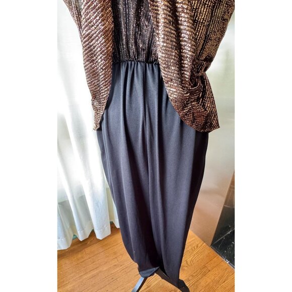 Vintage 1980s jumpsuit, gold metallic overlay top, oversized shoulder pads - Picture 8 of 10